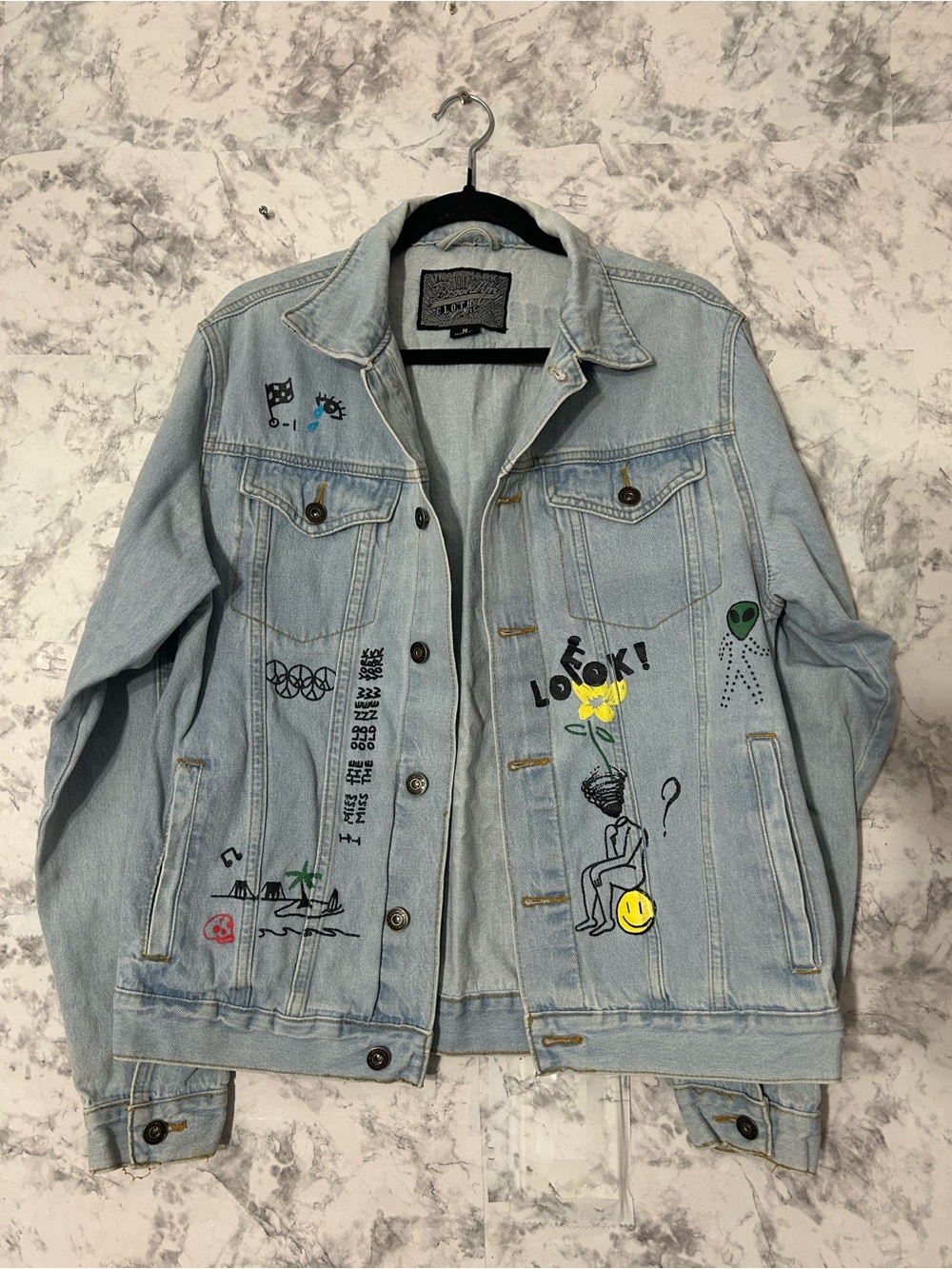 Brooklyn Cloth Light Blue Denim Jacket with Graphic Patches Sz M EUC